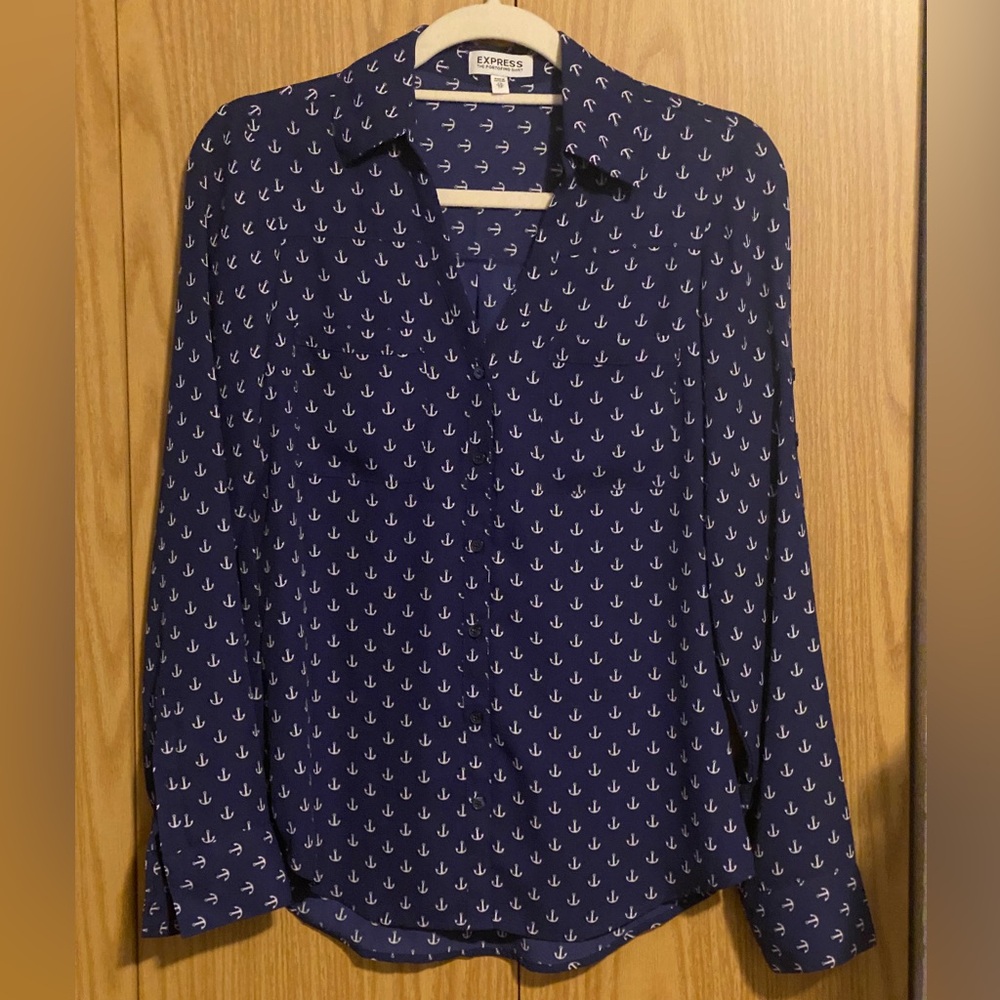 Express Portofino Shirt XS | Navy Blue Anchor Print | Nautical Button Down